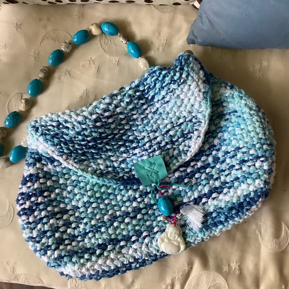 Handmade Blue Multitone Knit Women’s Shoulder Bag